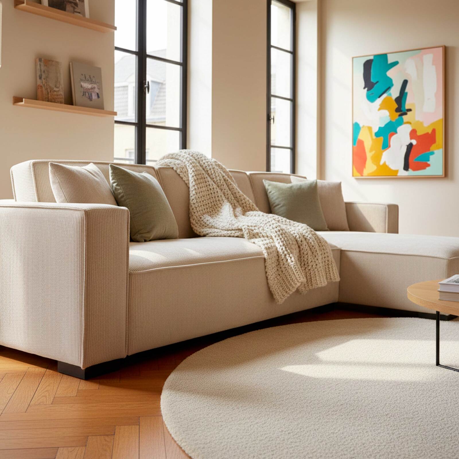 Divano angolare 3 posti in velluto a coste con chaise longue destra e cuscini