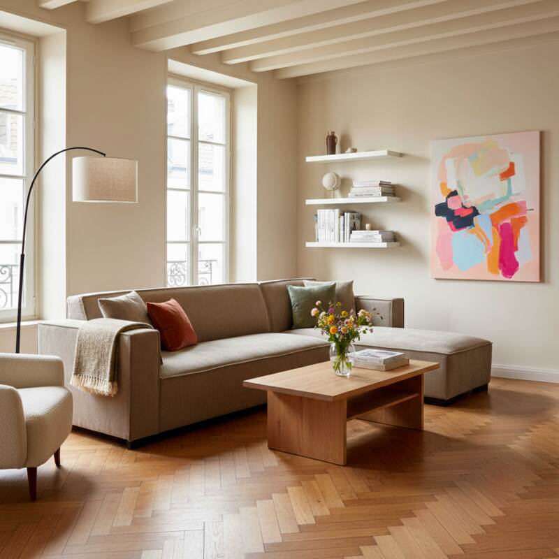 Divano angolare 3 posti in velluto a coste con chaise longue destra e cuscini