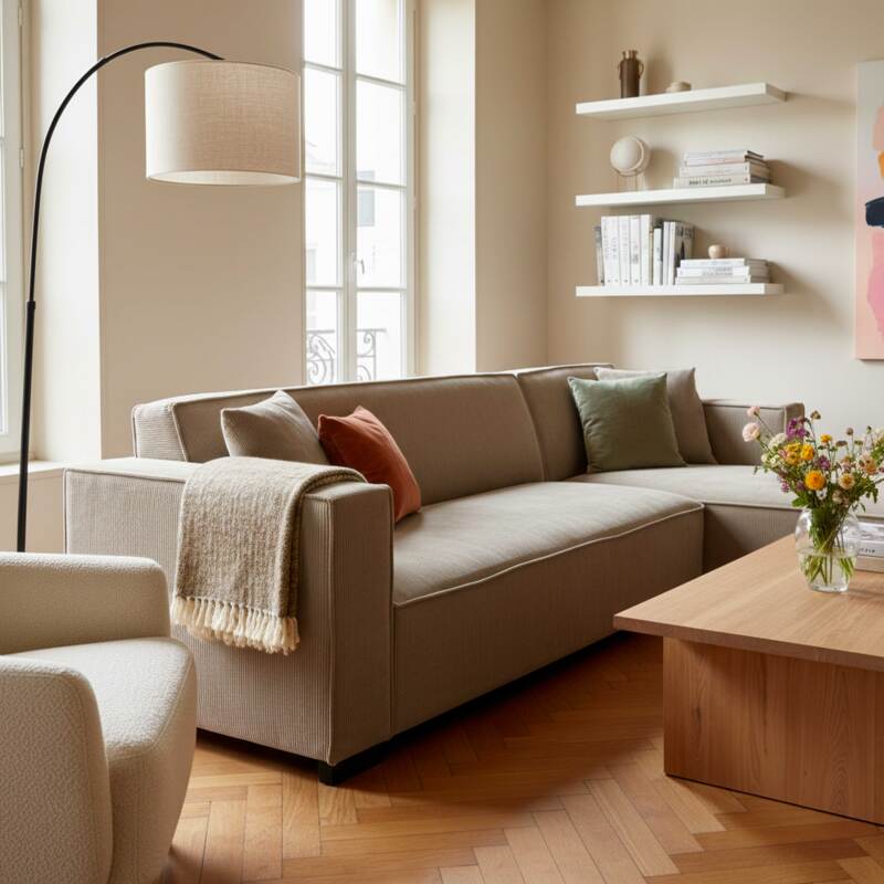 Divano angolare 3 posti in velluto a coste con chaise longue destra e cuscini (2/8)