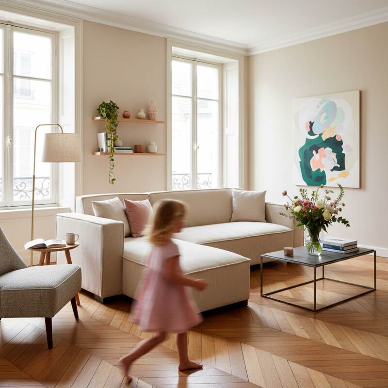 Divano angolare 3 posti in velluto a coste con chaise longue sinistra e cuscini