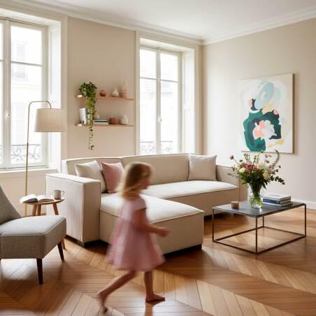 Divano angolare 3 posti in velluto a coste con chaise longue sinistra e cuscini