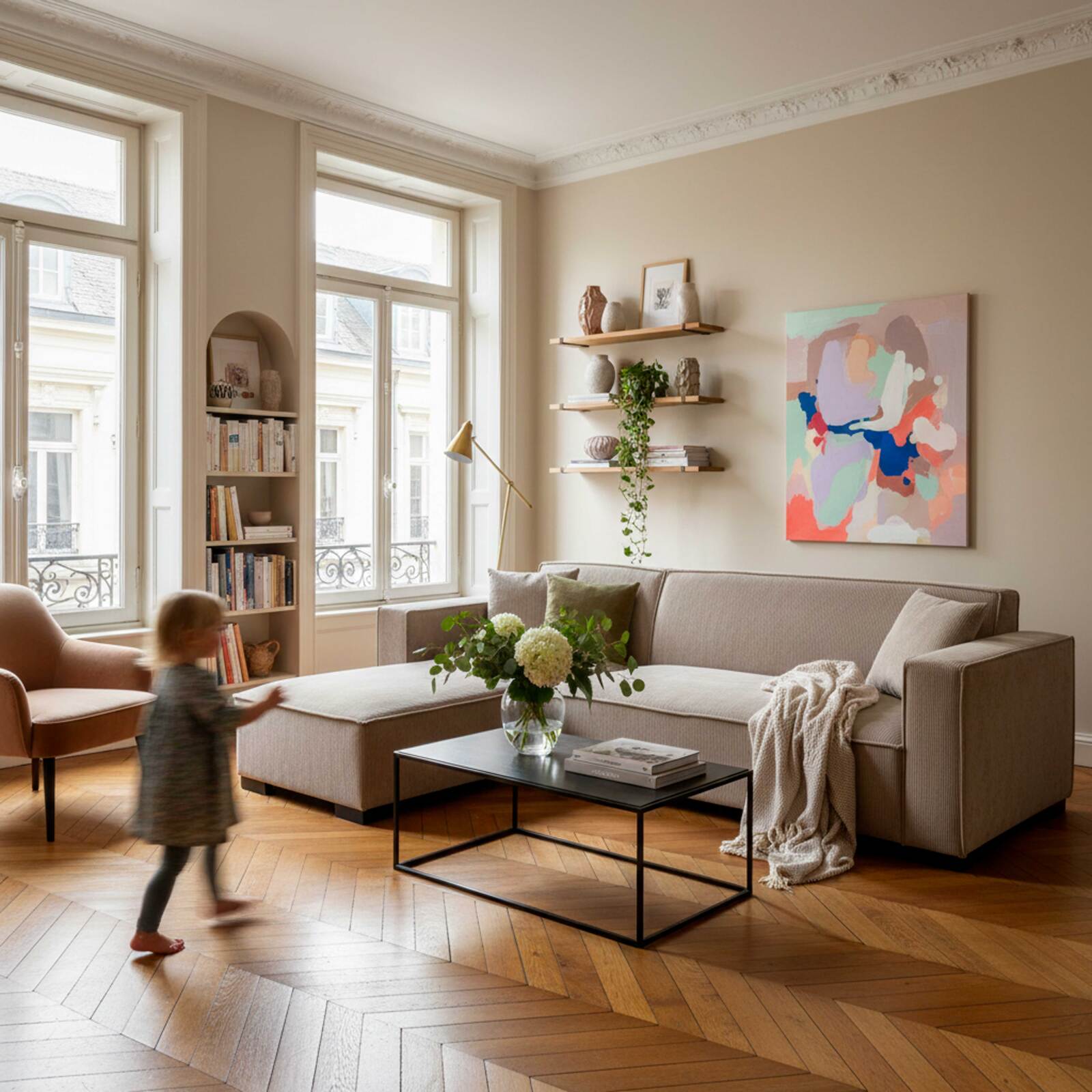 Divano angolare 3 posti in velluto a coste con chaise longue sinistra e cuscini