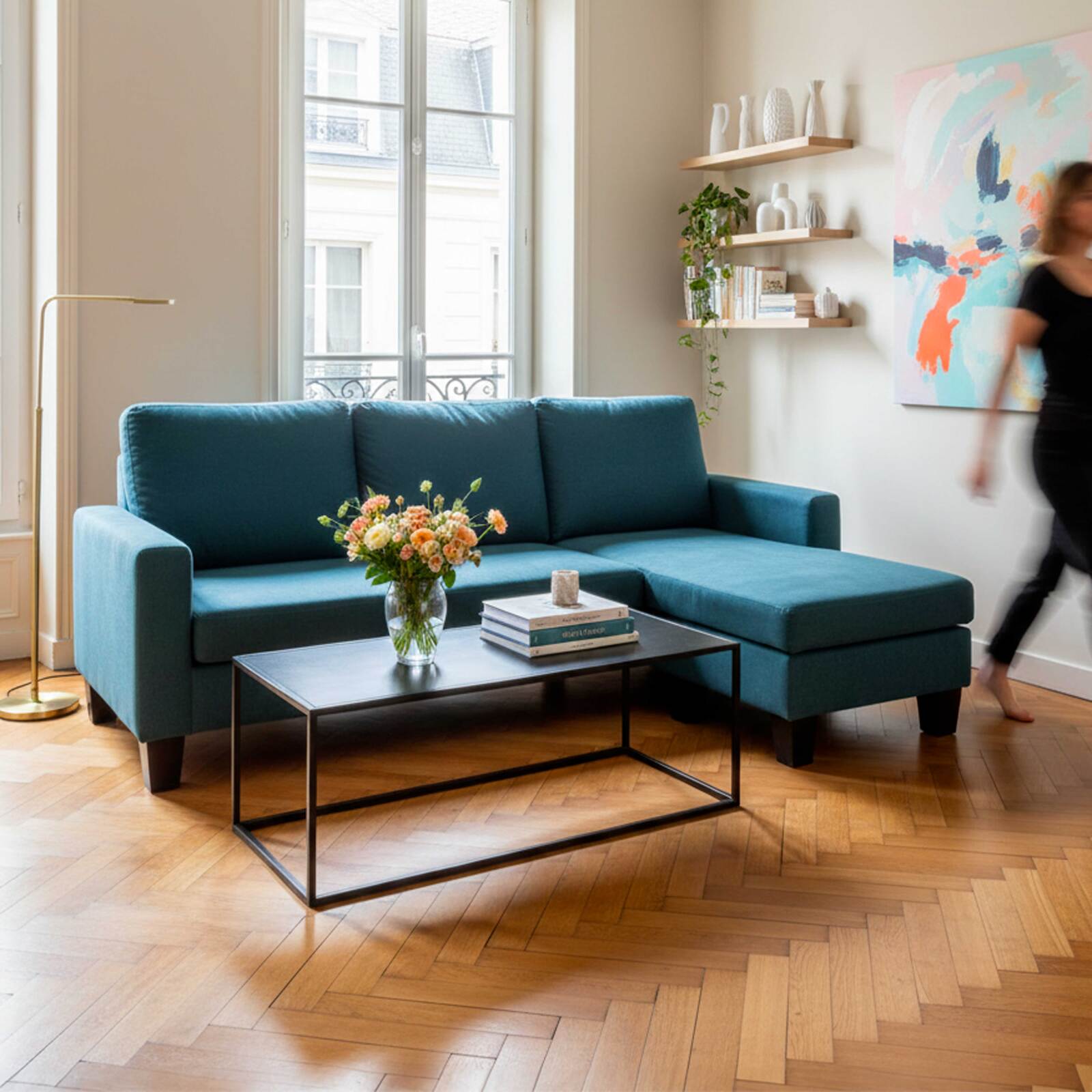 Divano angolare 3 posti in tessuto con chaise longue destra