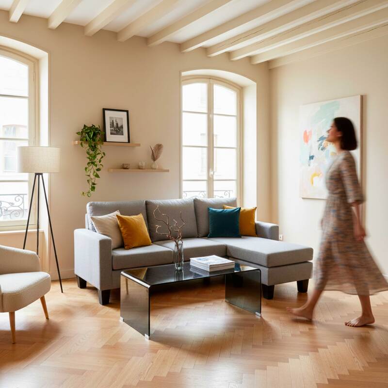 Divano angolare 3 posti in tessuto con chaise longue destra