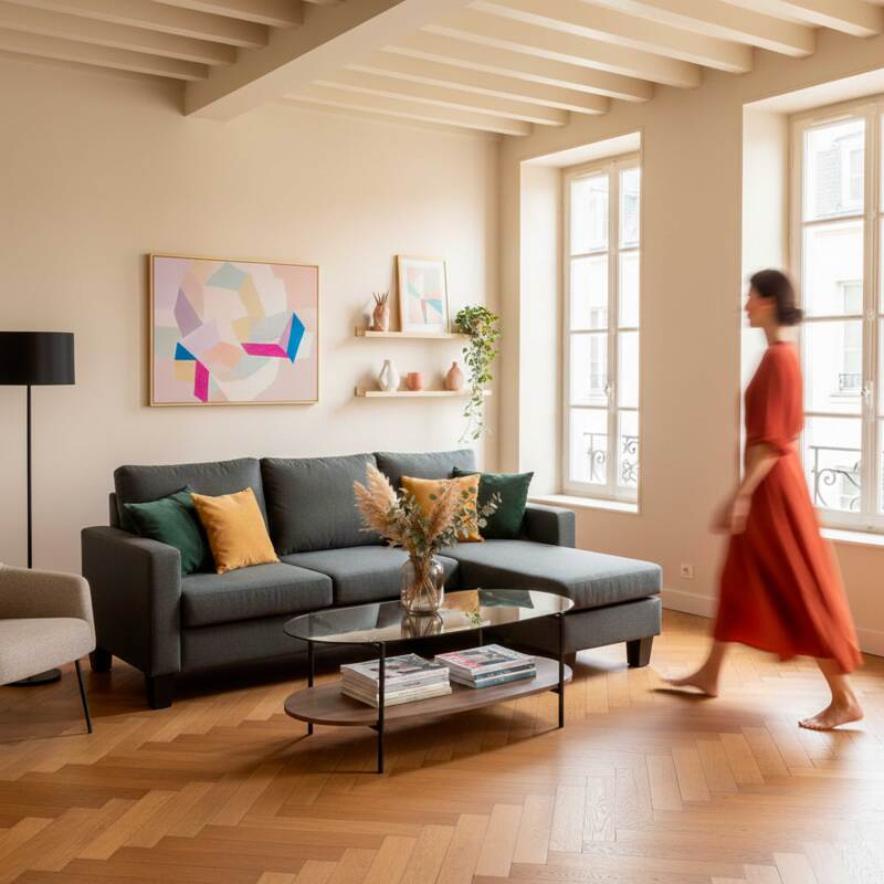 Divano angolare 3 posti in tessuto con chaise longue destra