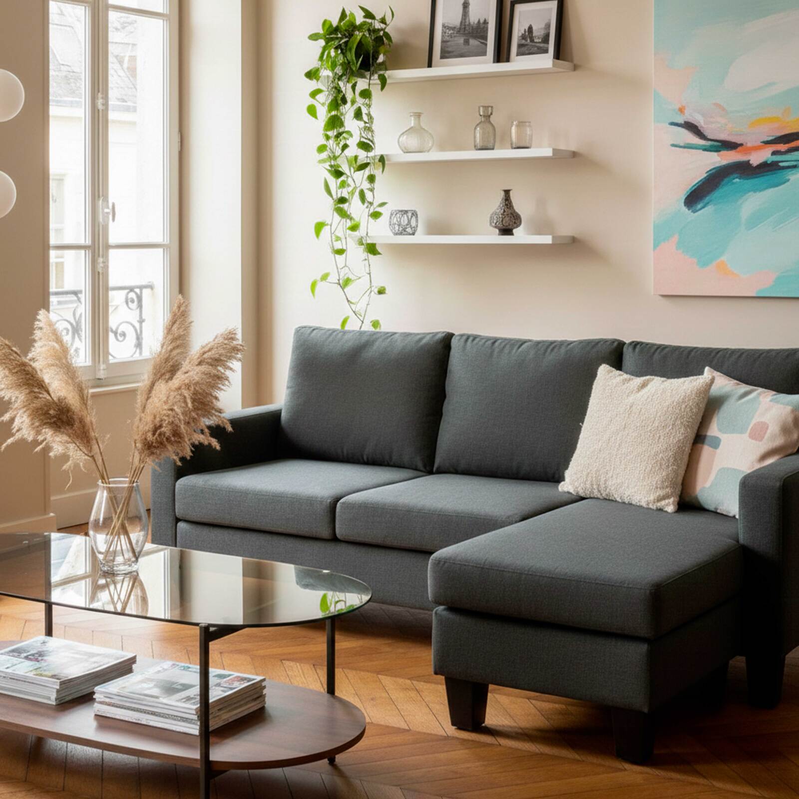 Divano angolare 3 posti in tessuto con chaise longue destra