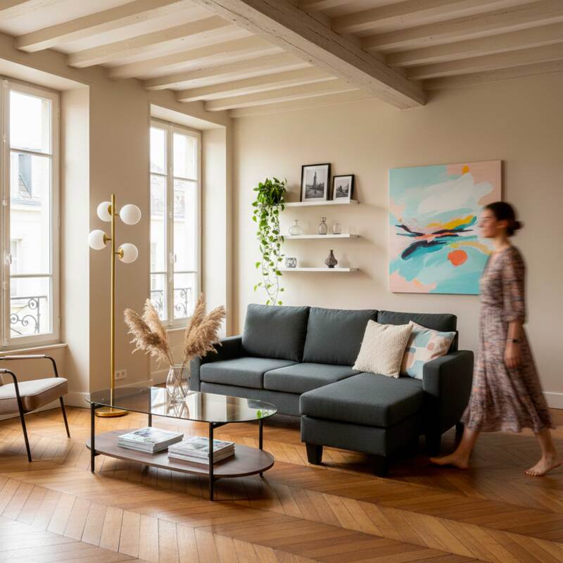 Divano angolare 3 posti in tessuto con chaise longue destra (6/8)