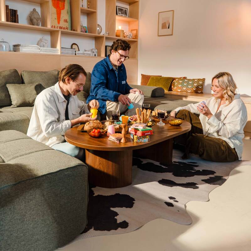 Divano modulare 5 posti in tessuto con pouf e cuscini (8/9)