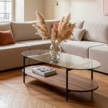 Tavolino da salotto in vetro e effetto legno scuro ovale  120 x 55 x 40 cm (7/8)