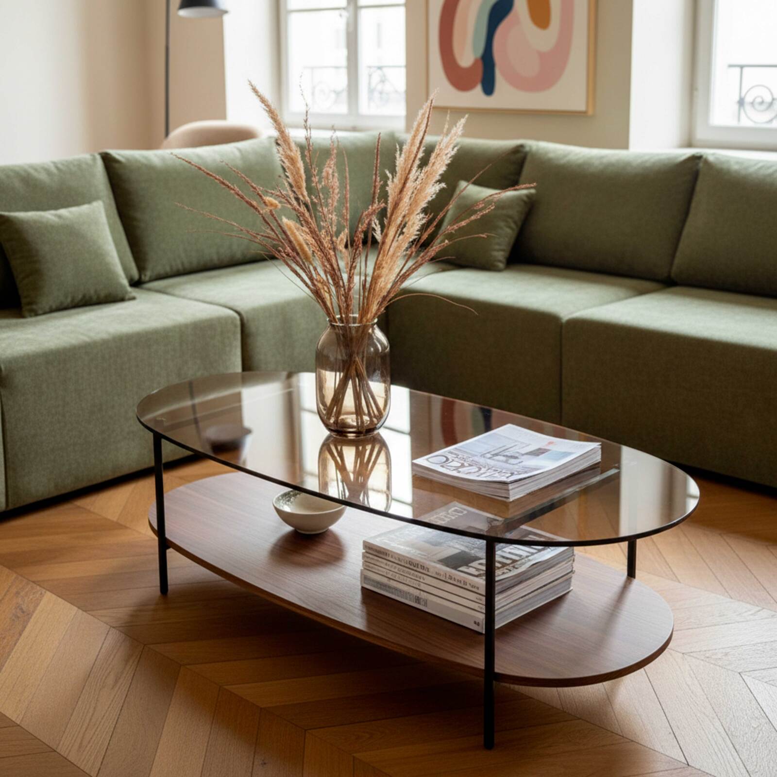 Tavolino da salotto in vetro e effetto legno scuro ovale  120 x 55 x 40 cm