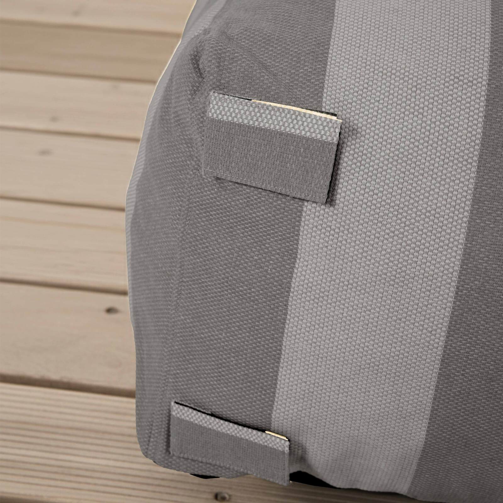 Divano modulare da esterno a righe 4 posti con 1 poltrona, 2 poltrone angolari e 1 pouf