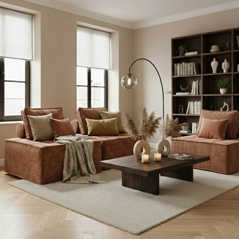 Divano modulare 3 posti in tessuto con cuscini