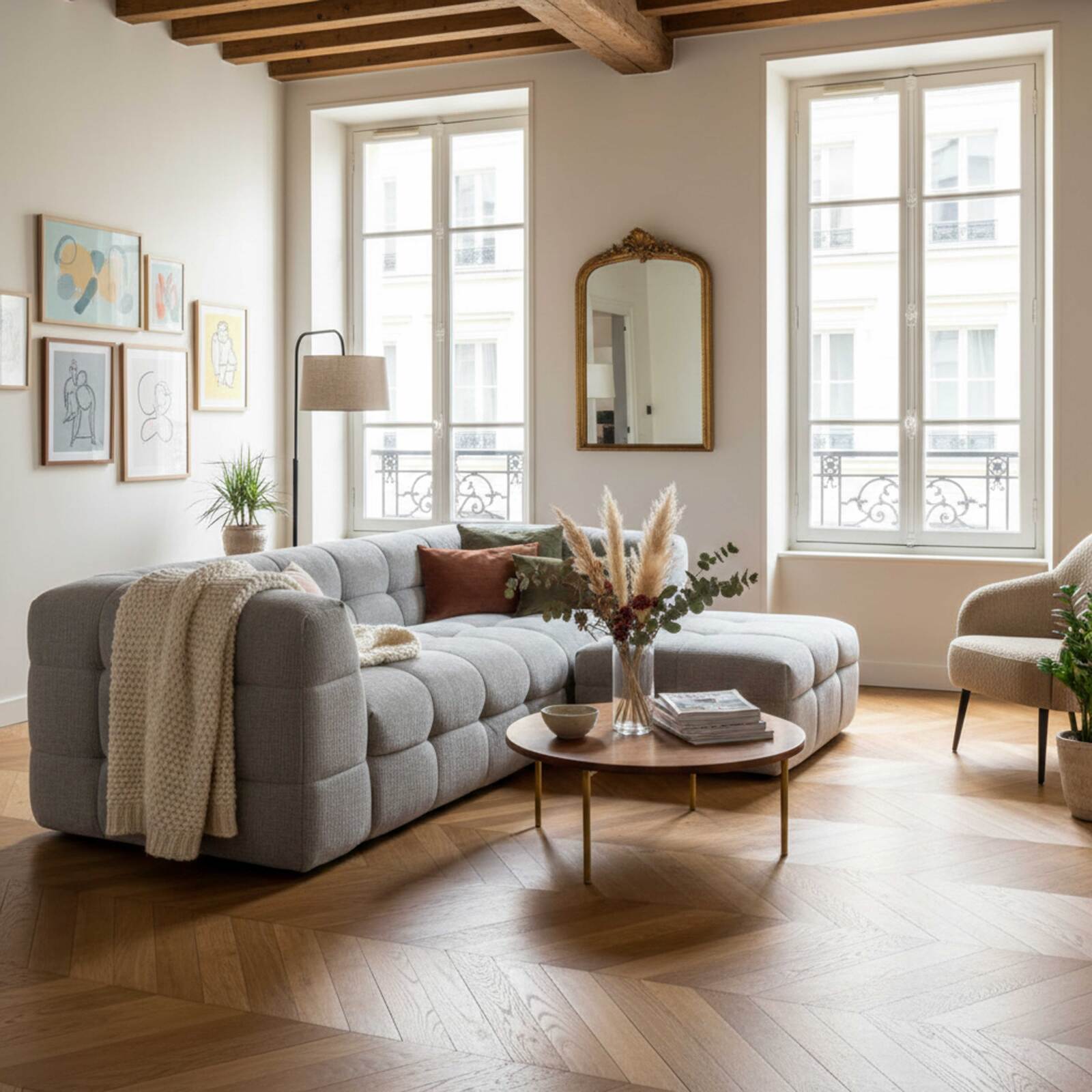 Divano 3 posti in tessuto con pouf