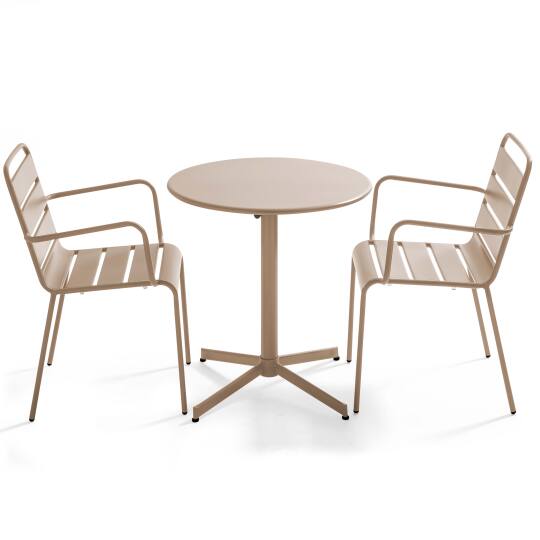 Tavolo da giardino bistrot rotondo inclinabile in metallo Ø70 cm e 2 sedie con braccioli | Oviala