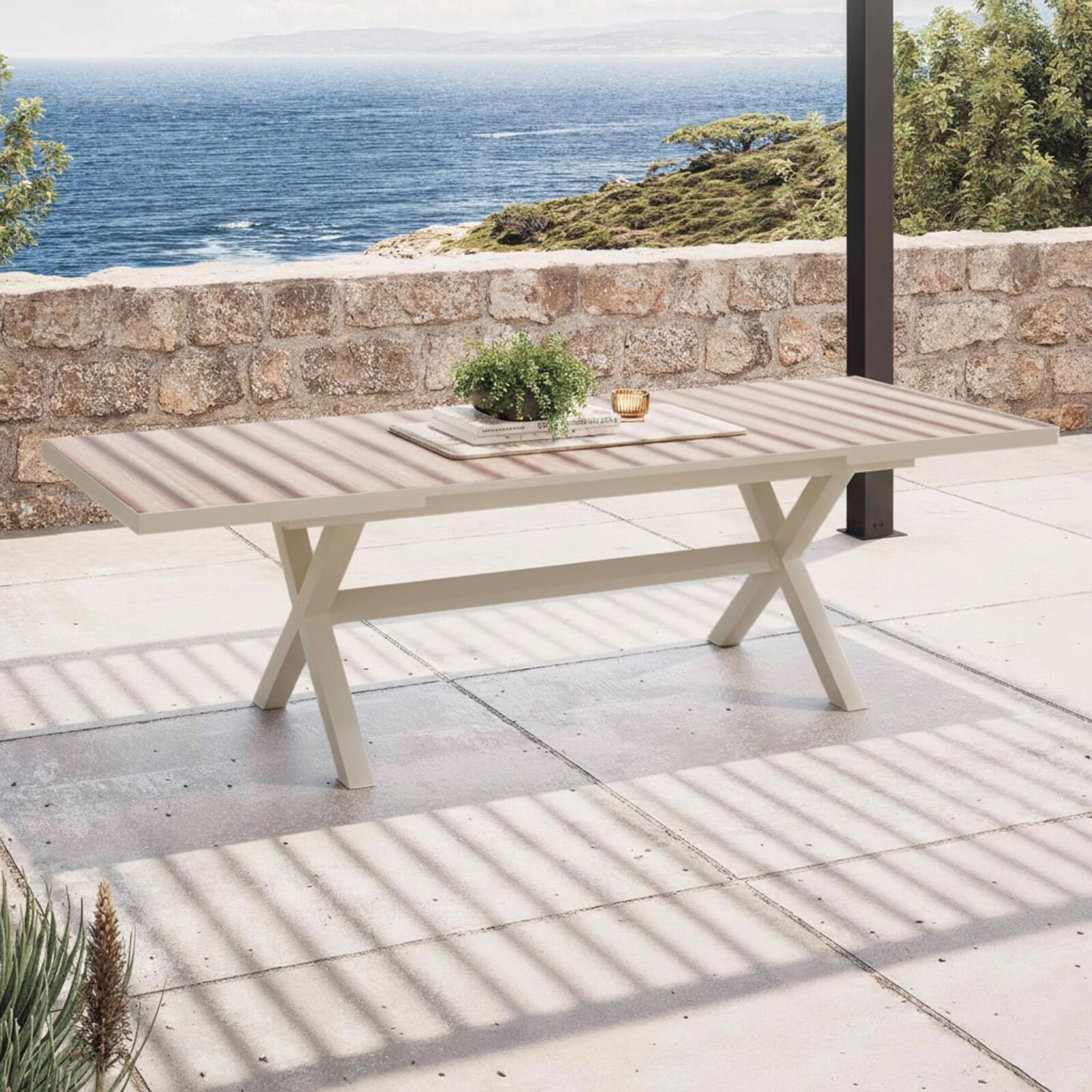 Tavolo da giardino allungabile in alluminio e ceramica effetto legno 8 a 12 persone 200/260x100 cm 
