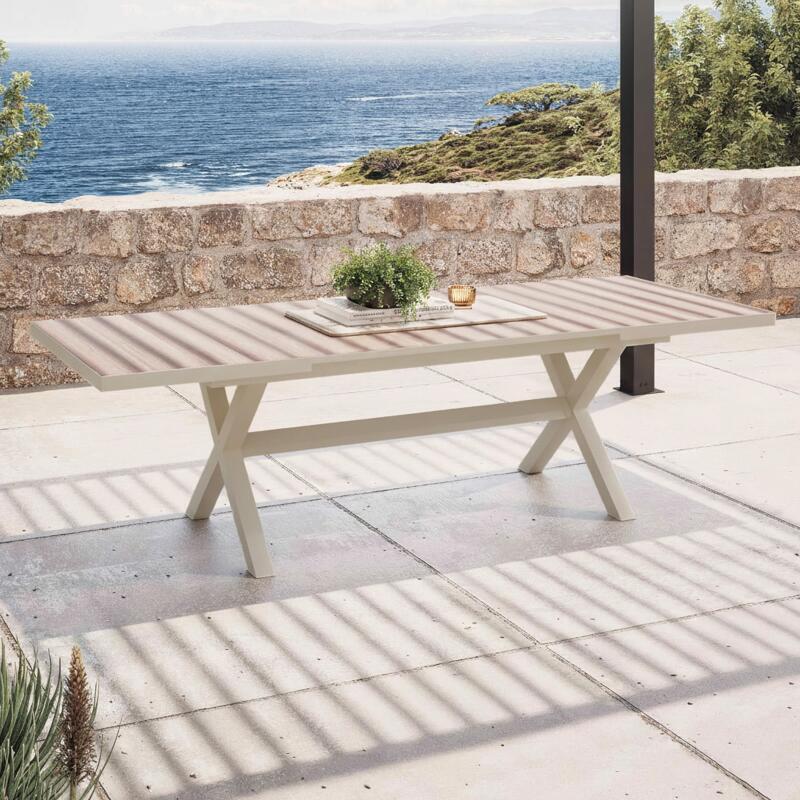 Tavolo da giardino allungabile in alluminio e ceramica effetto legno 8 a 12 persone 200/260x100 cm 
