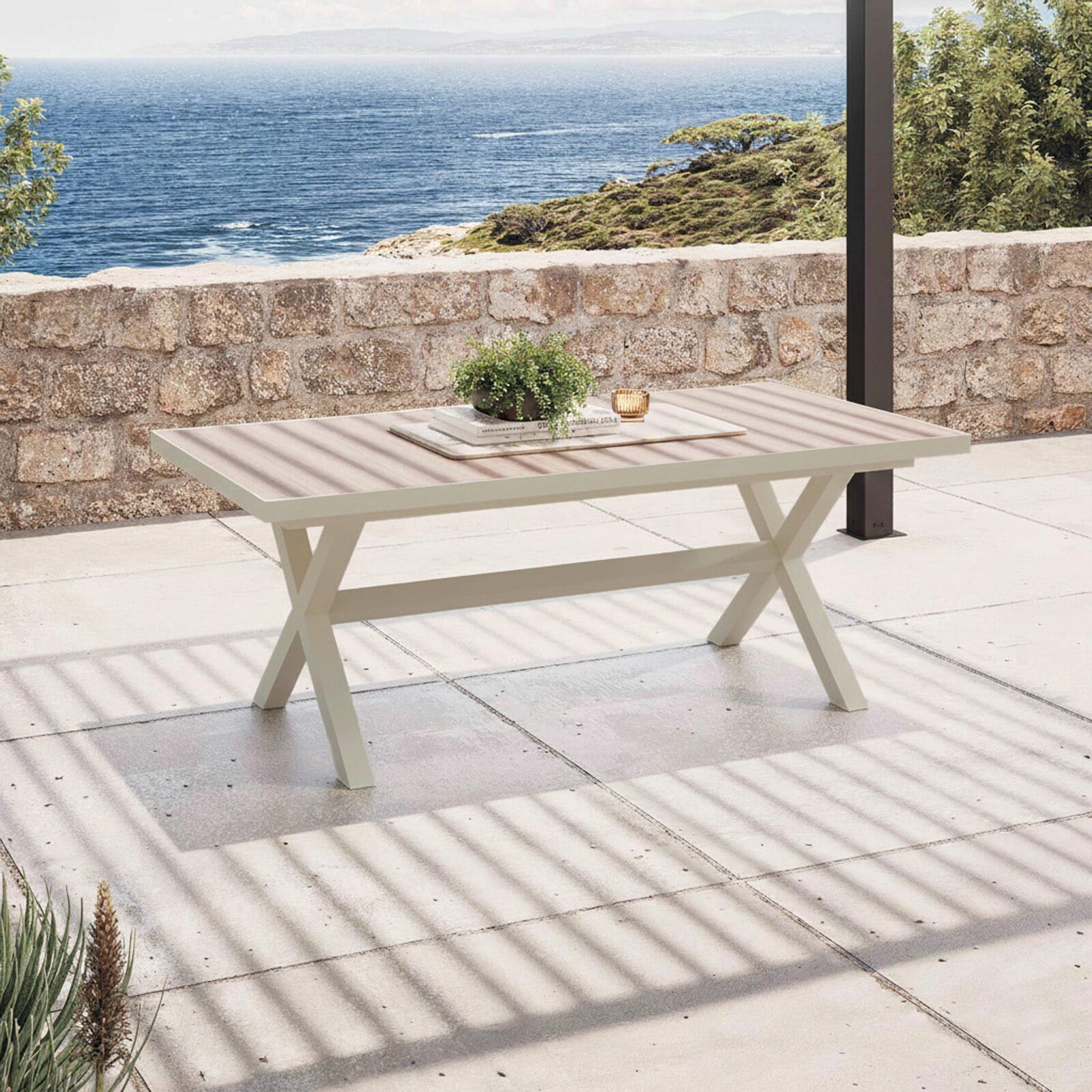 Tavolo da giardino allungabile in alluminio e ceramica effetto legno 8 a 12 persone 200/260x100 cm 