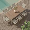 Tavolo da giardino in alluminio e ceramica effetto legno 206x100 cm e 8 sedie in textilene