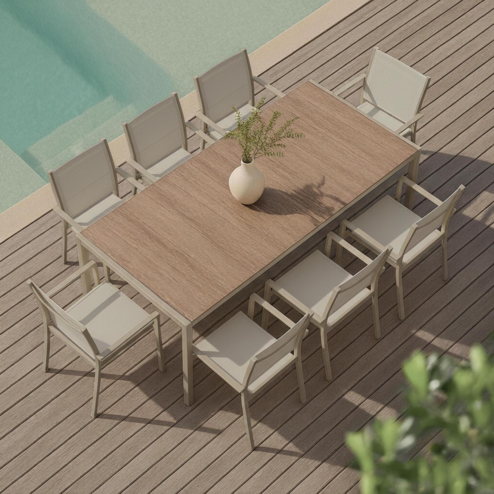 Tavolo da giardino in alluminio e ceramica effetto legno 206x100 cm e 8 sedie in textilene