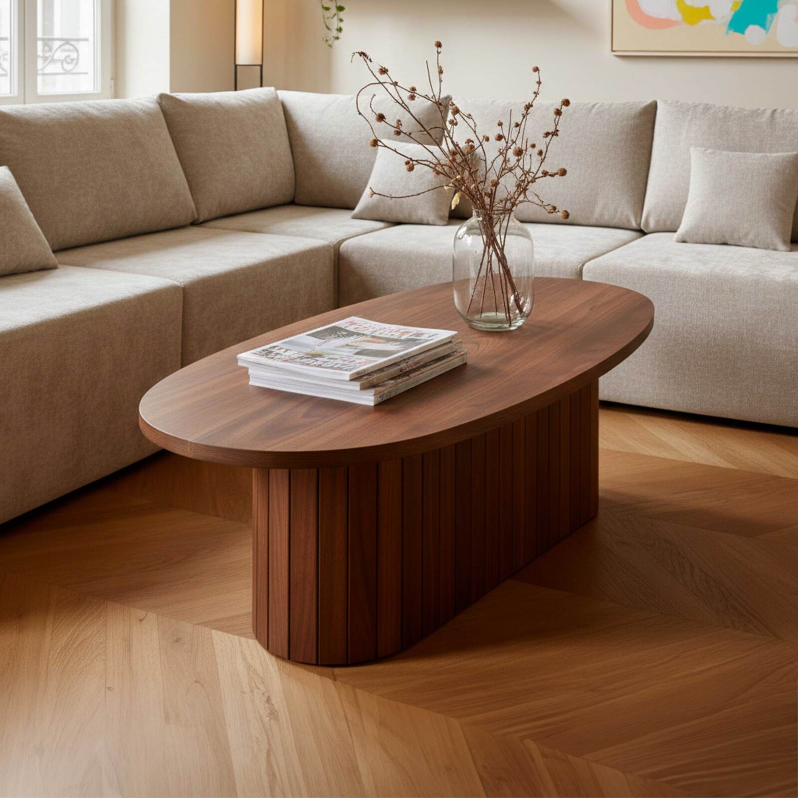 Tavolino da salotto effetto legno FSC® ovale 120x60 cm stile boho