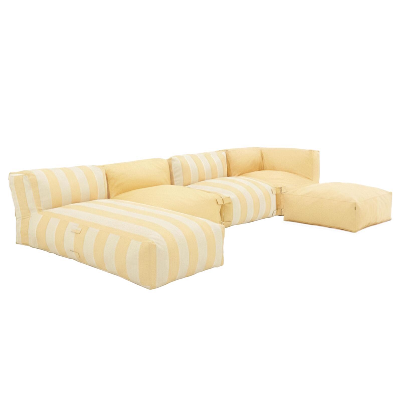 Divano modulare da esterno a righe 4 posti con 2 poltrone, 1 poltrona angolare, 1 chaise longue e 1 pouf