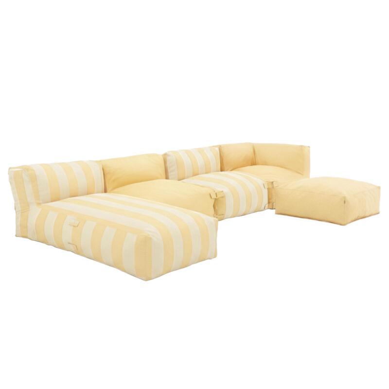 Divano modulare da esterno a righe 4 posti con 2 poltrone, 1 poltrona angolare, 1 chaise longue e 1 pouf
