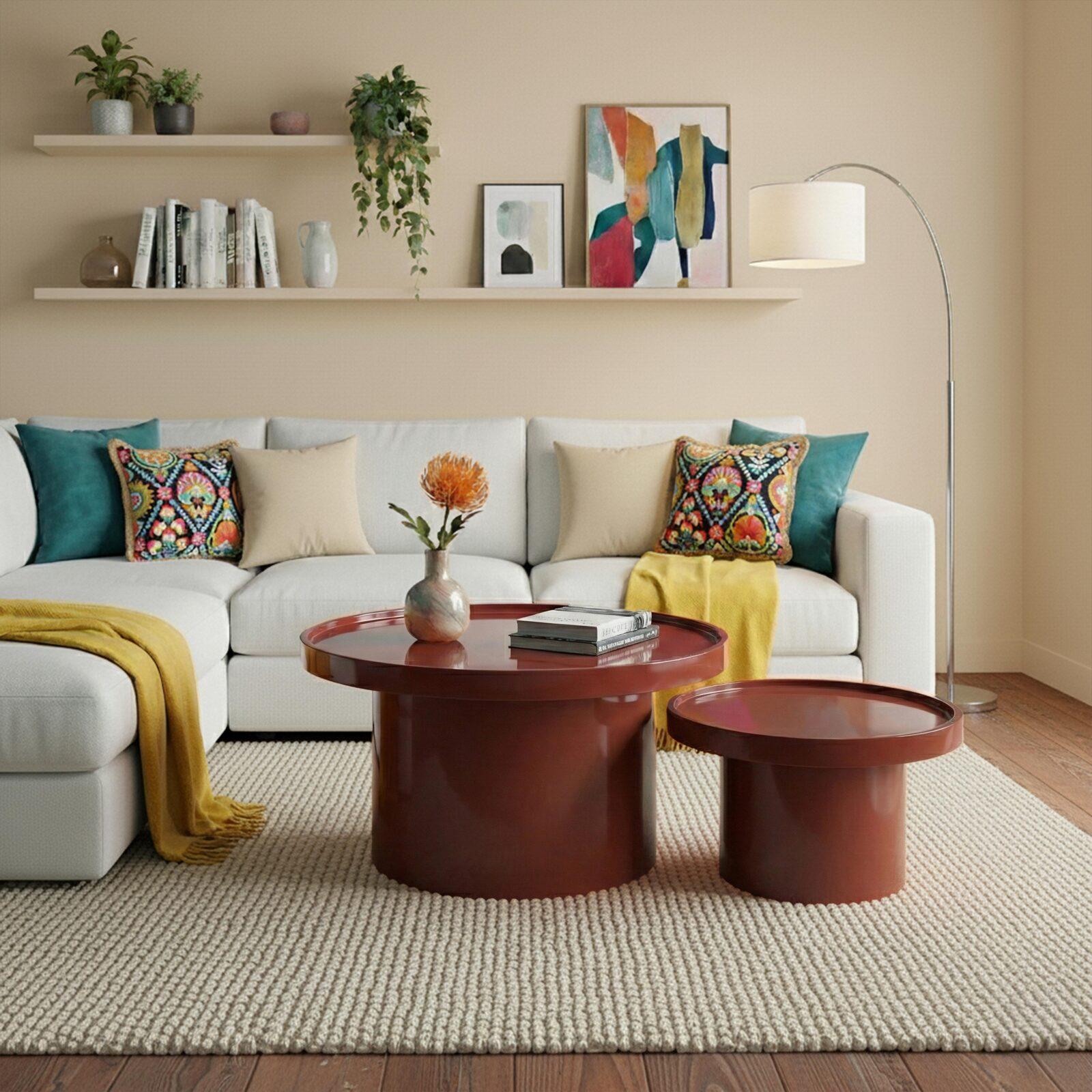 Tavolini estraibili effetto laccato rotondi Ø70 e Ø50 cm stile retrò - Set da 2