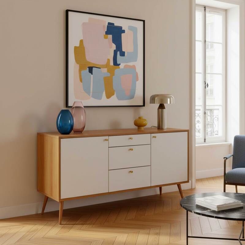 Buffet effetto legno chiaro 2 ante 3 cassetti 150 cm stile scandinavo