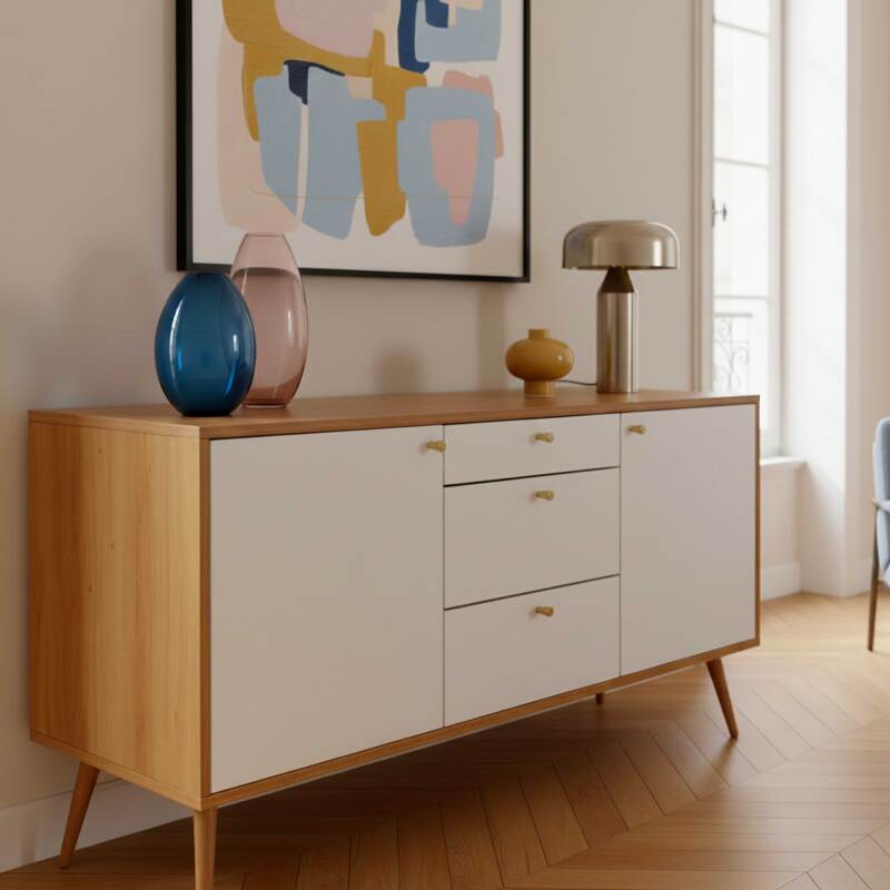 Buffet effetto legno chiaro 2 ante 3 cassetti 150 cm stile scandinavo (2/8)