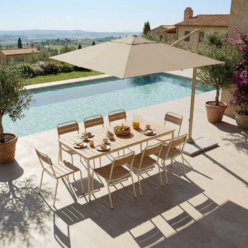 Tavolo da giardino effetto legno in metallo y polywood 180x90 cm e 8 sedie - Lifestyle