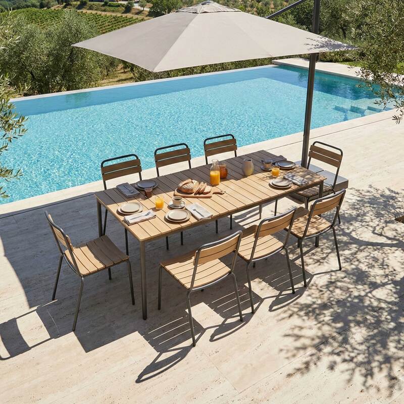 Tavolo da giardino effetto legno in metallo y polywood 180x90 cm e 8 sedie - Lifestyle