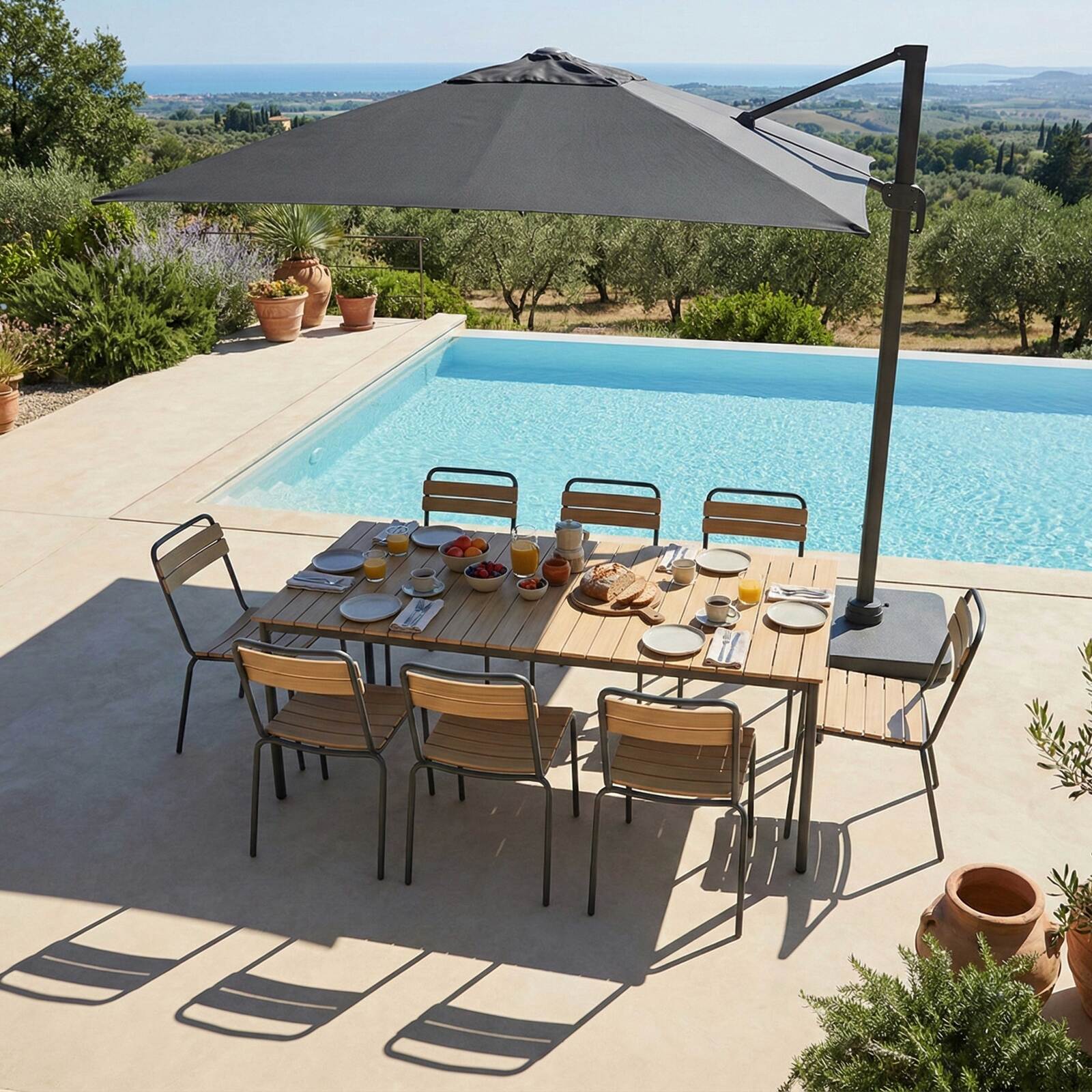 Tavolo da giardino effetto legno in metallo y polywood 180x90 cm e 8 sedie