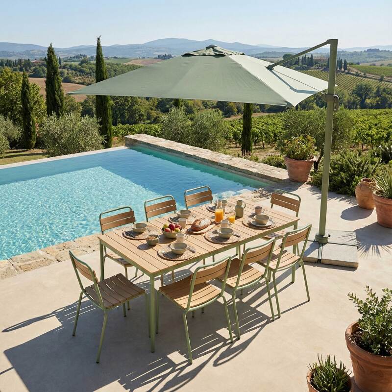 Tavolo da giardino effetto legno in metallo y polywood 180x90 cm e 8 sedie - Lifestyle