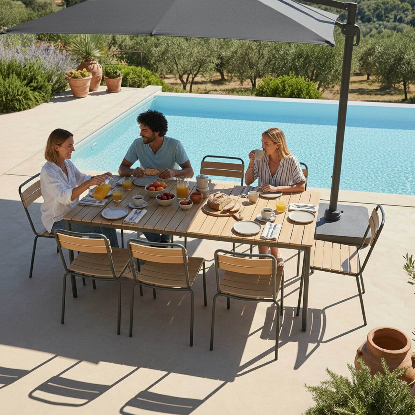 Tavolo da giardino effetto legno in metallo y polywood 8 persone 180x90 cm