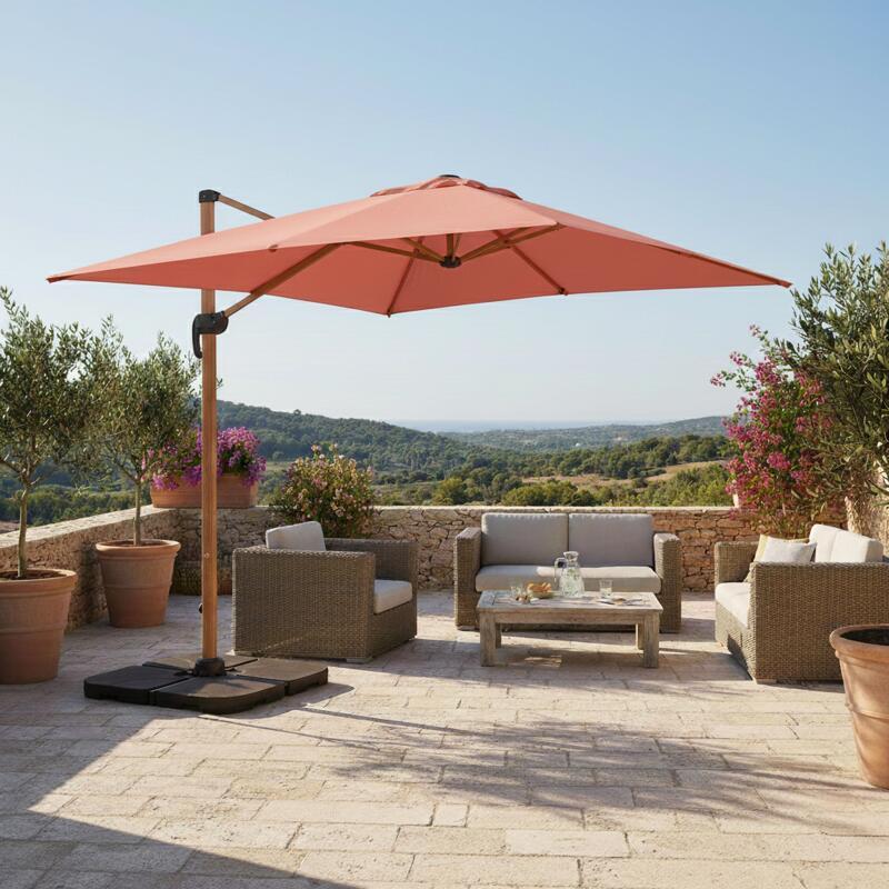 Ombrellone a braccio 3x3 m quadrato inclinabile rotante a 360° e 4 lastre di zavorra riempibili