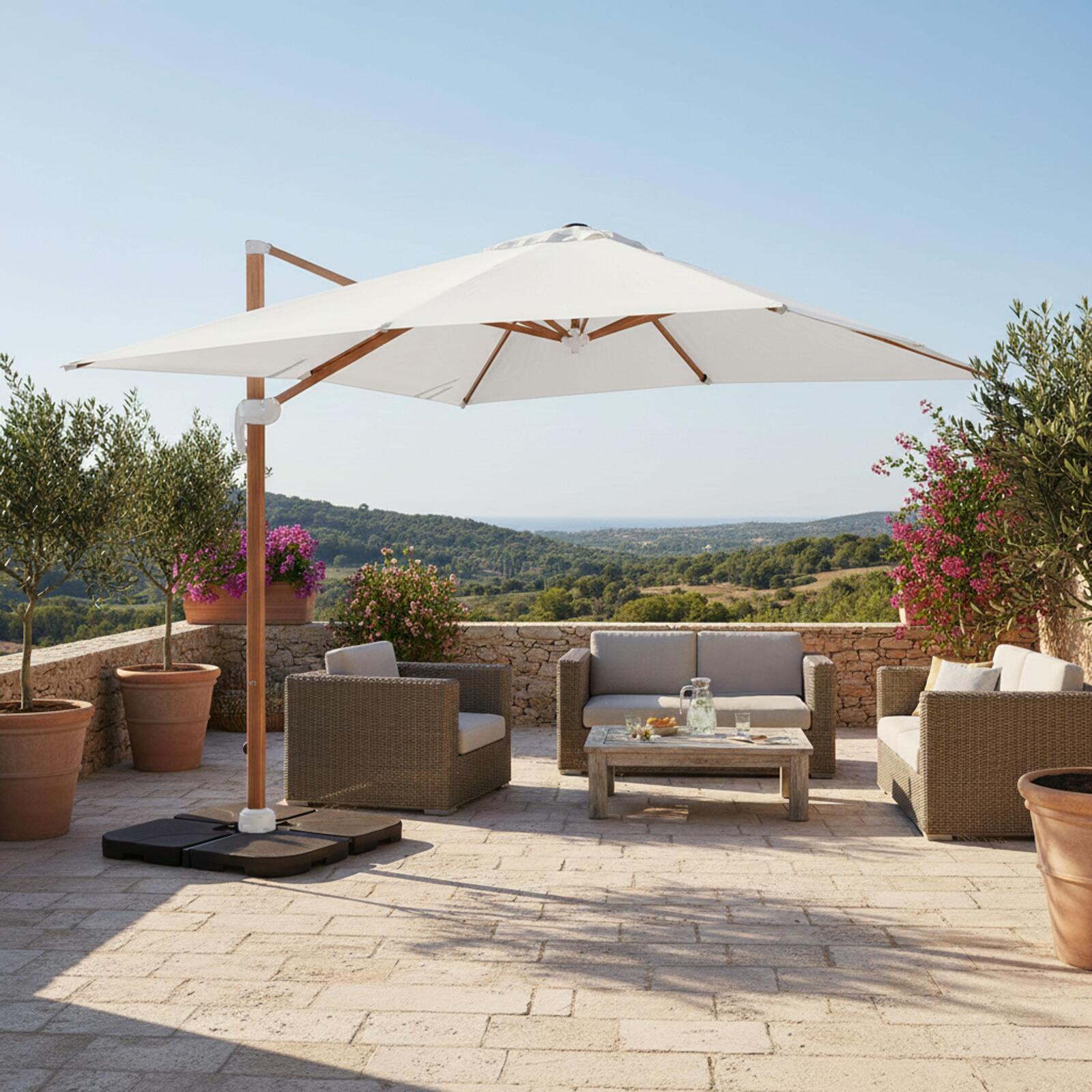 Ombrellone a braccio 3x3 m quadrato inclinabile rotante a 360° e 4 lastre di zavorra riempibili