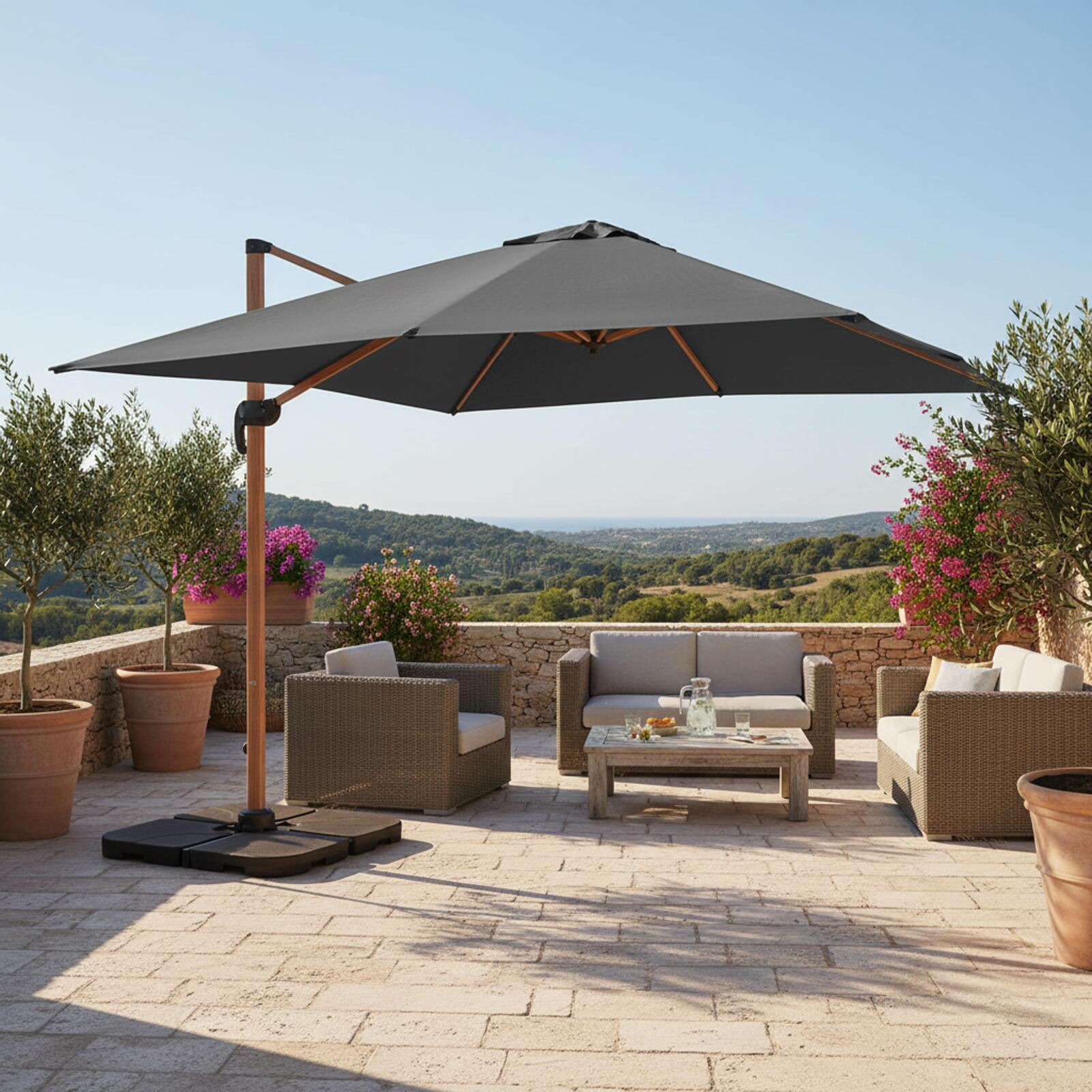 Ombrellone a braccio 3x3 m quadrato inclinabile rotante a 360° e 4 lastre di zavorra riempibili