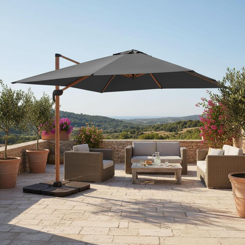 Ombrellone a braccio 3x3 m quadrato inclinabile rotante a 360° e 4 lastre di zavorra riempibili