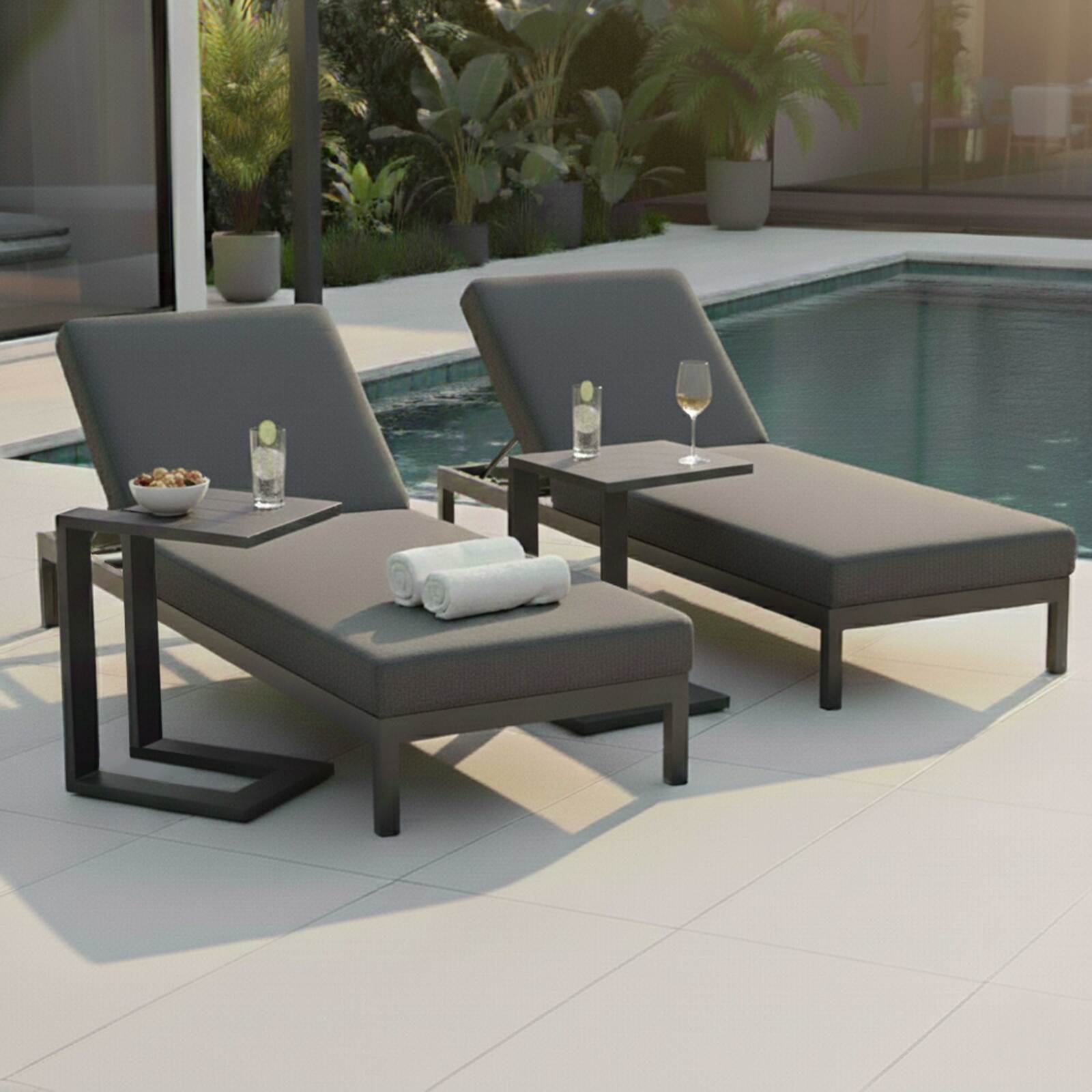 Sdraio da giardino in aluminio reclinabili 5 posizioni con cuscino e ripiano - Set di 2