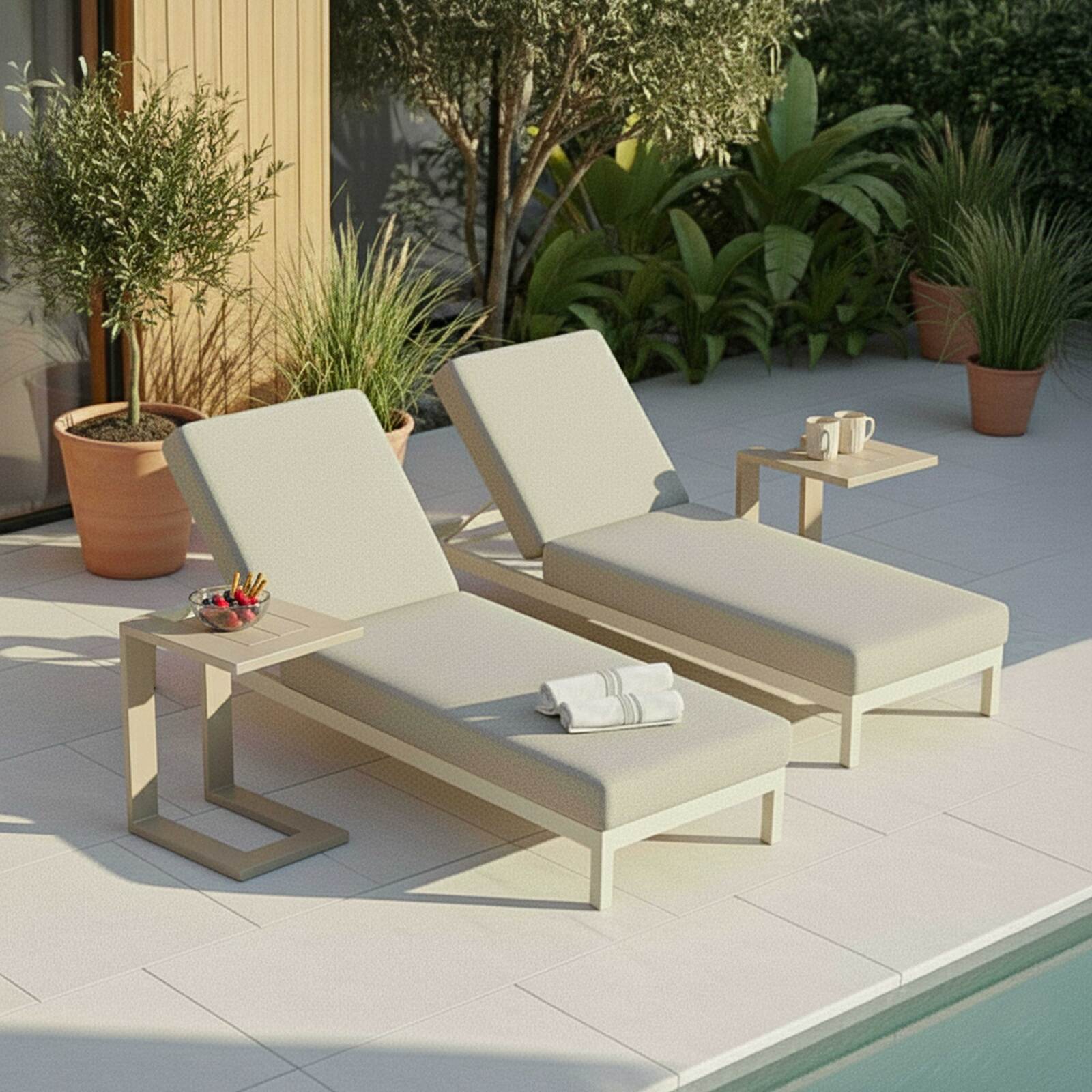 Sdraio da giardino in aluminio reclinabili 5 posizioni con cuscino e ripiano - Set di 2