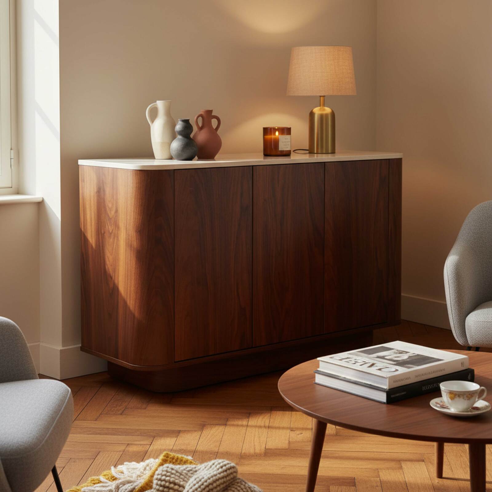 Buffet effetto legno FSC® 3 ante 120 cm stile scandinavo