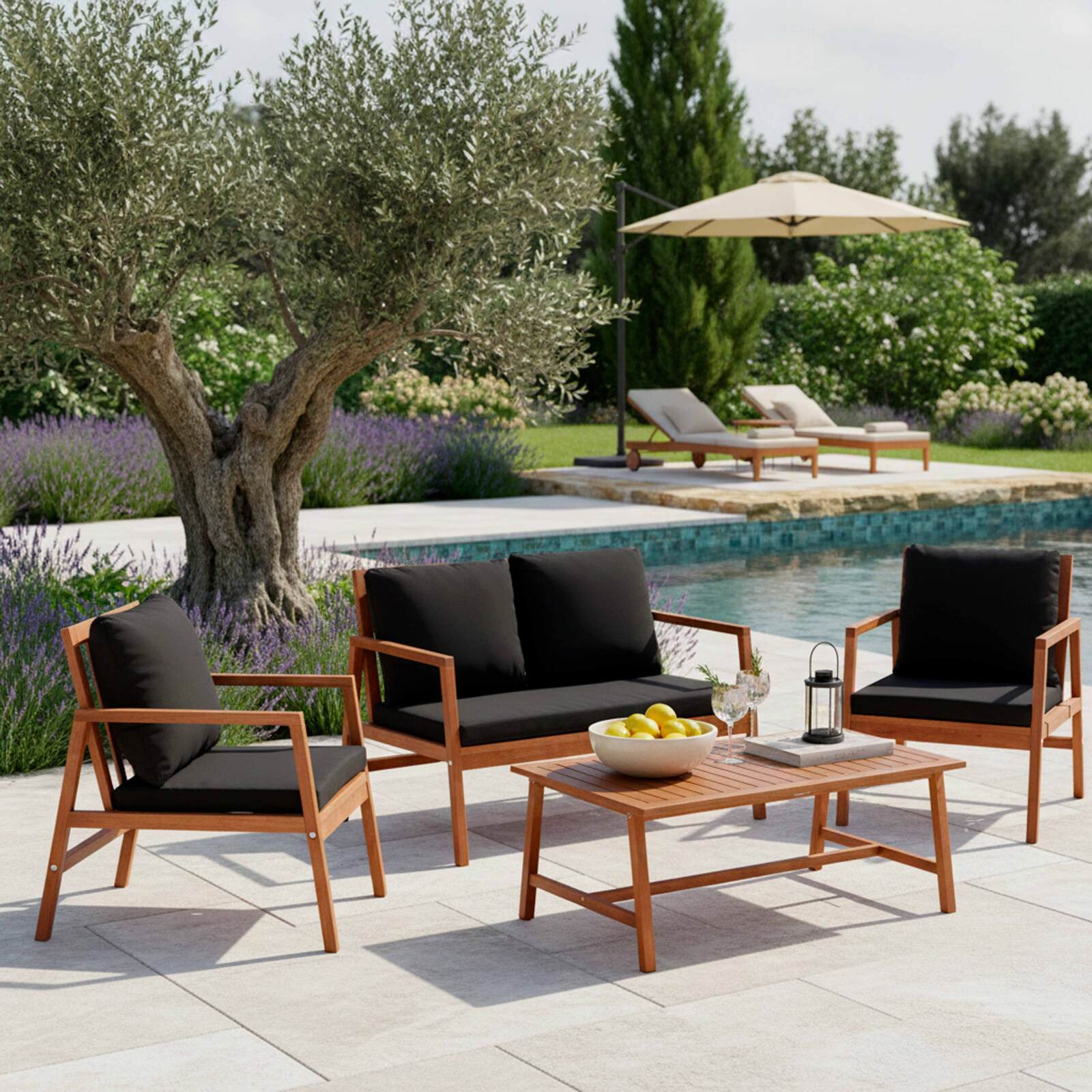 Salotto da giardino in legno di eucalipto FSC® con 1 divano, 2 poltrone e Tavolina da salotto