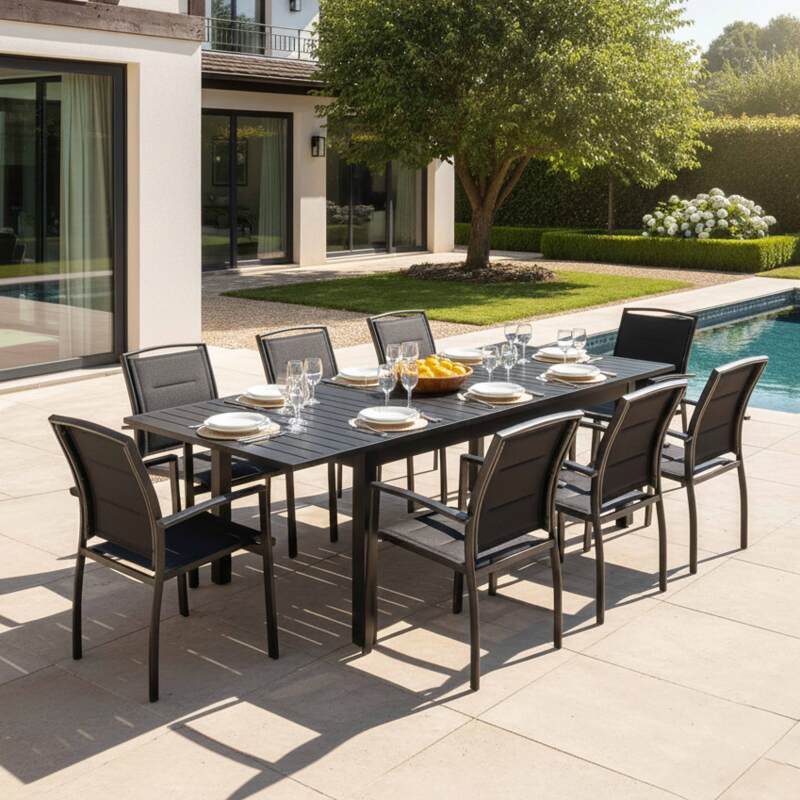 Tavolo da giardino allungabile in alluminio 174/238x100 cm e 8 sedie con braccioli in textilene - Lifestyle