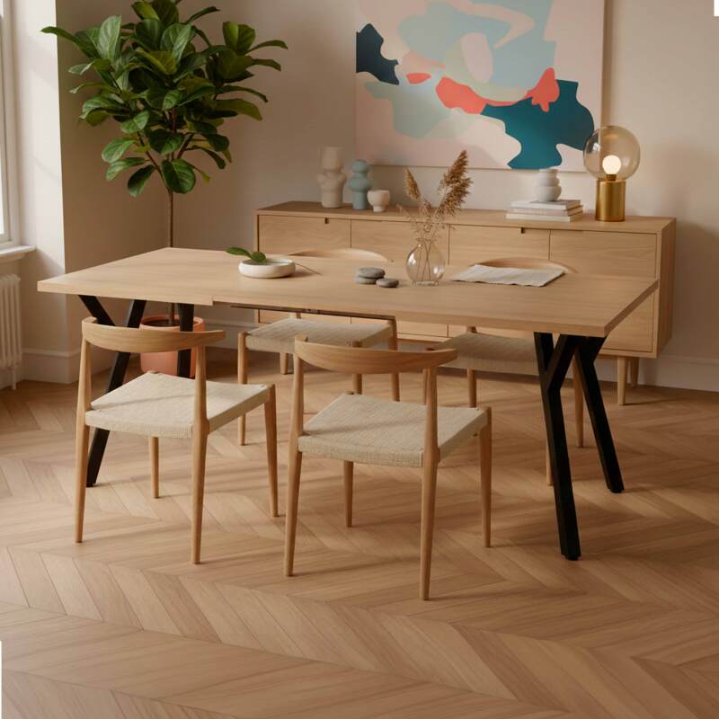 Tavolo da pranzo allungabile rettangulare in metallo e effetto legno 6 a 10 persone