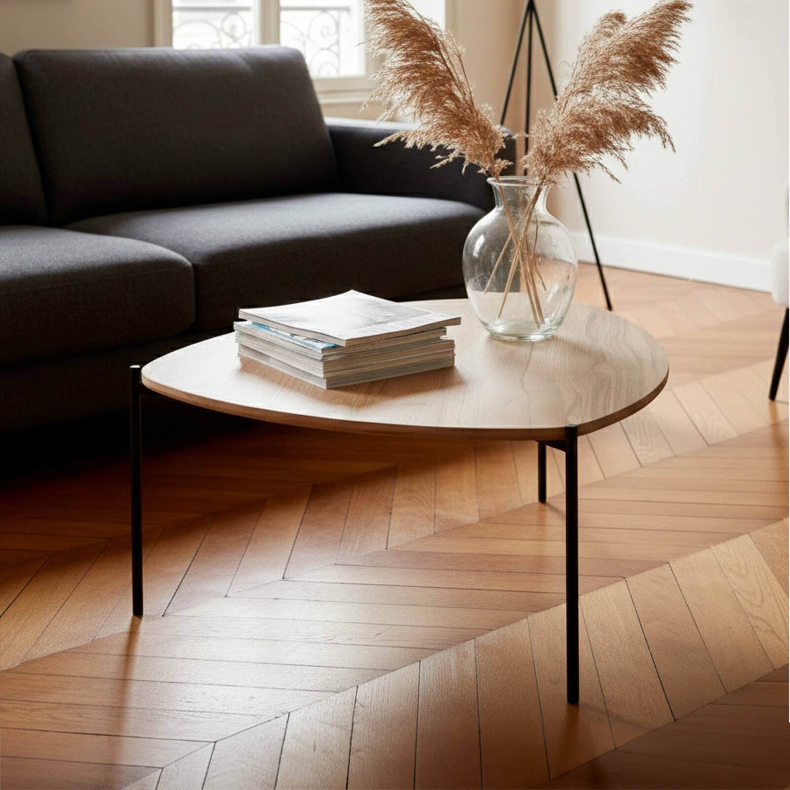 Tavolino da salotto in metallo e effetto legno triangolare 90x90 cm