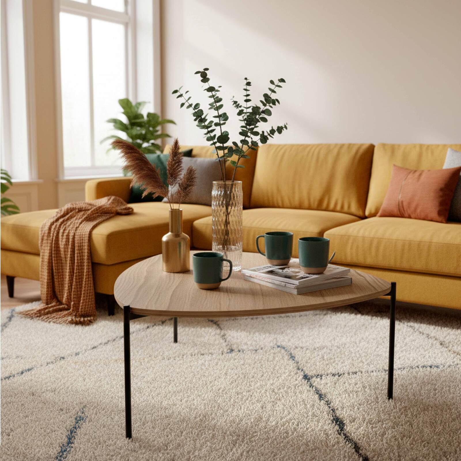 Tavolino da salotto in metallo e effetto legno triangolare 90x90 cm