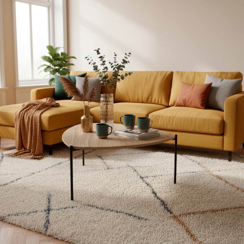 Tavolino da salotto in metallo e effetto legno triangolare 90x90 cm