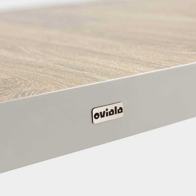 Tavolo da giardino in alluminio e ceramica effetto legno 201x100 cm e 10 sedie impilabili in textilene (5/8)