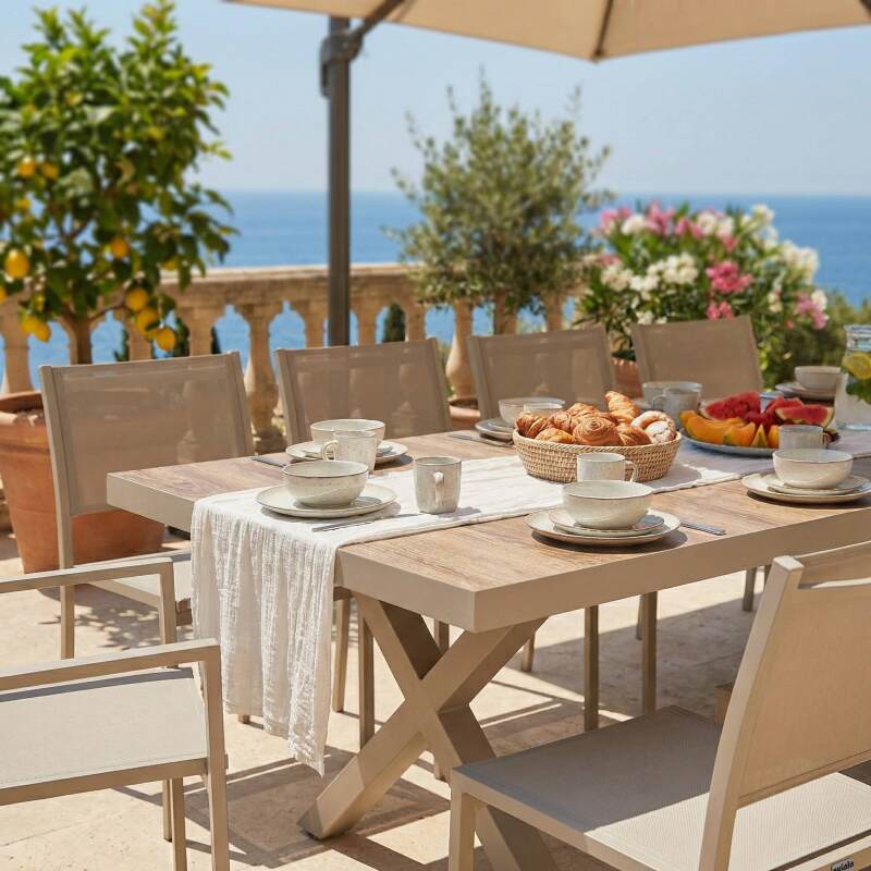 Tavolo da giardino in alluminio e ceramica effetto legno 201x100 cm e 10 sedie impilabili in textilene (2/8)