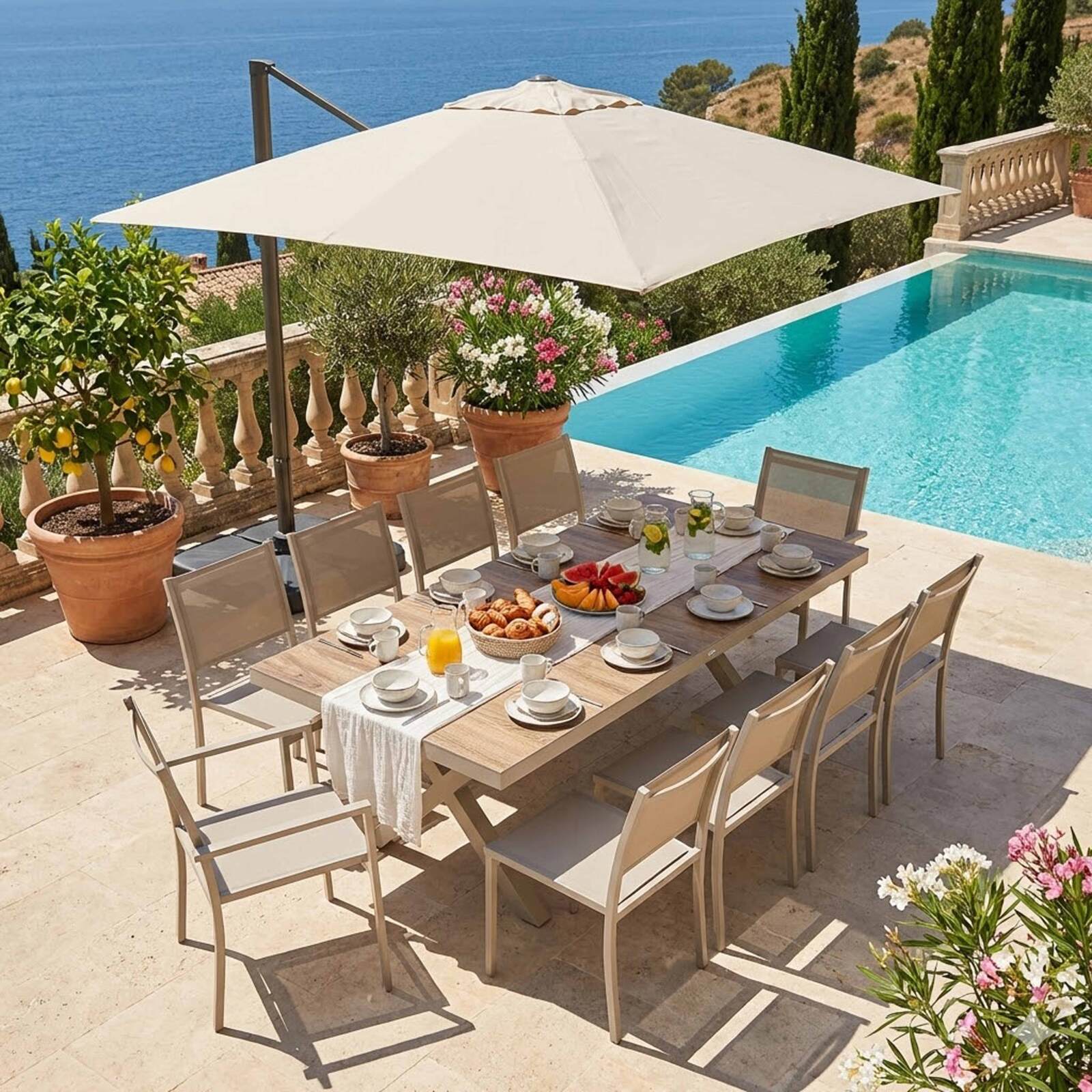 Tavolo da giardino in alluminio e ceramica effetto legno per 8 persone 201x100 cm